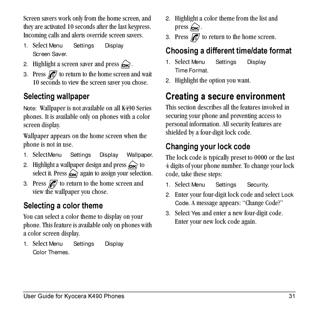 Kyocera Phone manual Creating a secure environment, Selecting wallpaper, Selecting a color theme, Changing your lock code 