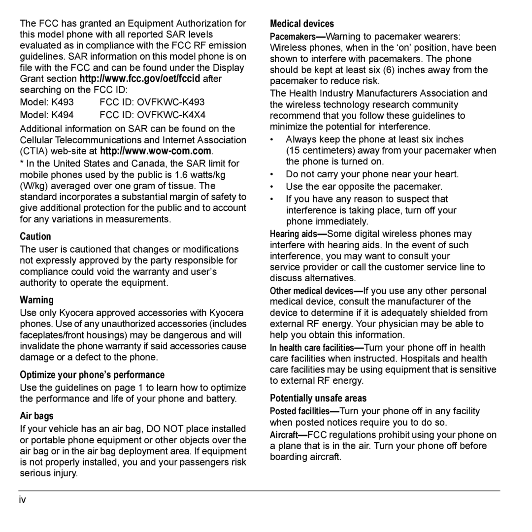 Kyocera Phone Model K493 FCC ID OVFKWC-K493 Model K494 FCC ID OVFKWC-K4X4, Optimize your phone’s performance, Air bags 