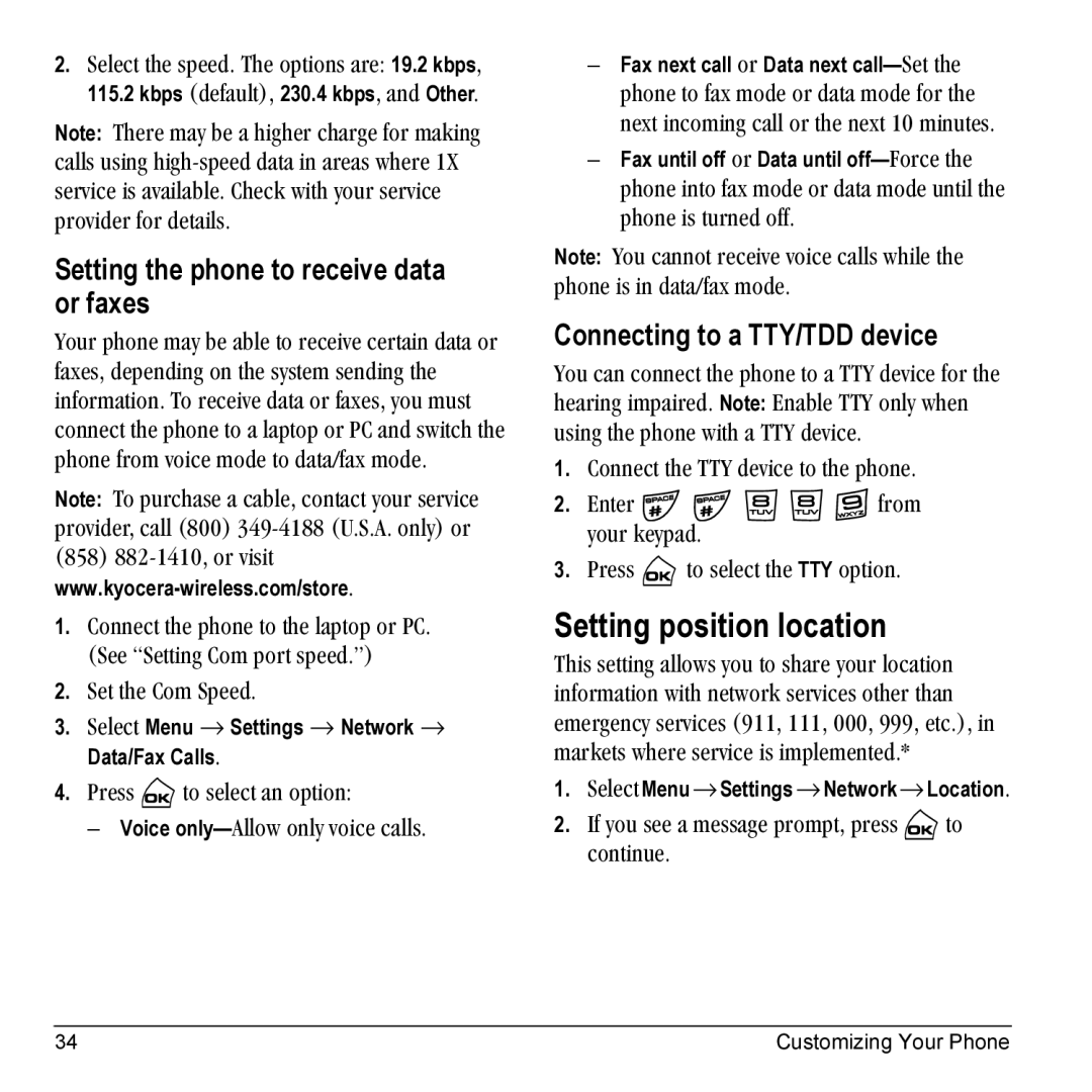 Kyocera Phone manual Setting position location, Setting the phone to receive data or faxes, Connecting to a TTY/TDD device 