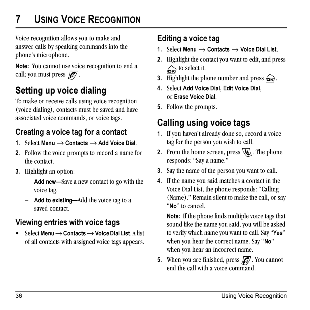 Kyocera Phone manual Setting up voice dialing, Calling using voice tags, Using Voice Recognition 