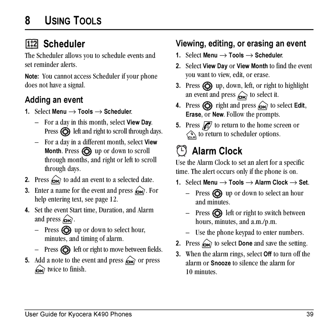 Kyocera Phone manual Scheduler, Alarm Clock, Using Tools, Adding an event, Viewing, editing, or erasing an event 