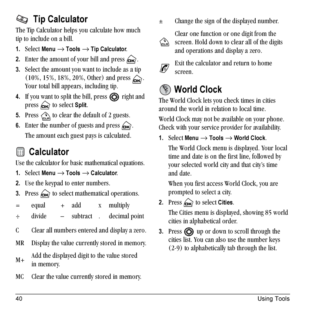 Kyocera Phone manual Tip Calculator, World Clock 