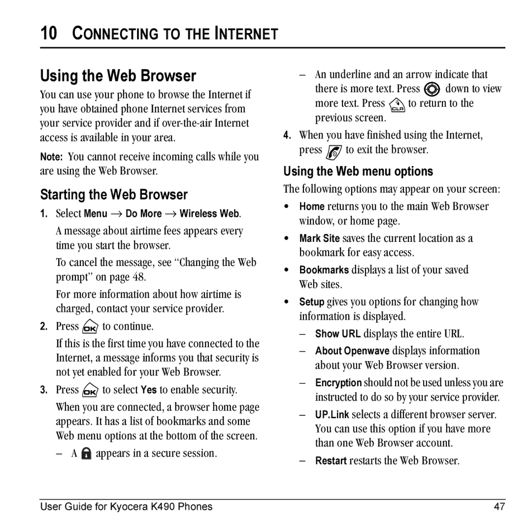 Kyocera Phone Using the Web Browser, Connecting to the Internet, Starting the Web Browser, Using the Web menu options 