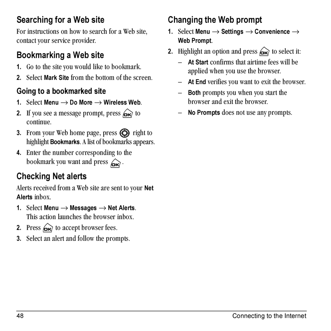 Kyocera Phone manual Searching for a Web site, Bookmarking a Web site, Checking Net alerts, Changing the Web prompt 