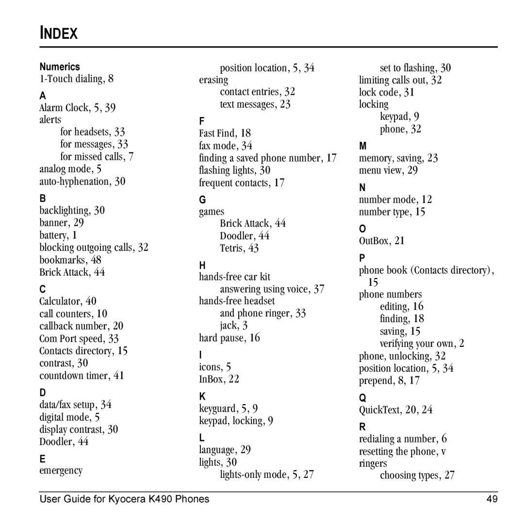 Kyocera Phone manual Index 