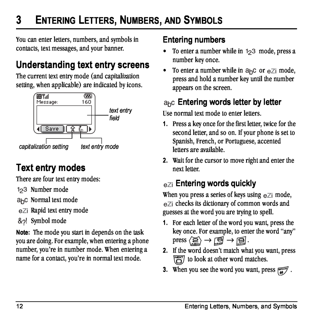 Kyocera Phone Understanding text entry screens, Text entry modes, Entering Letters, Numbers, And Symbols, Entering numbers 