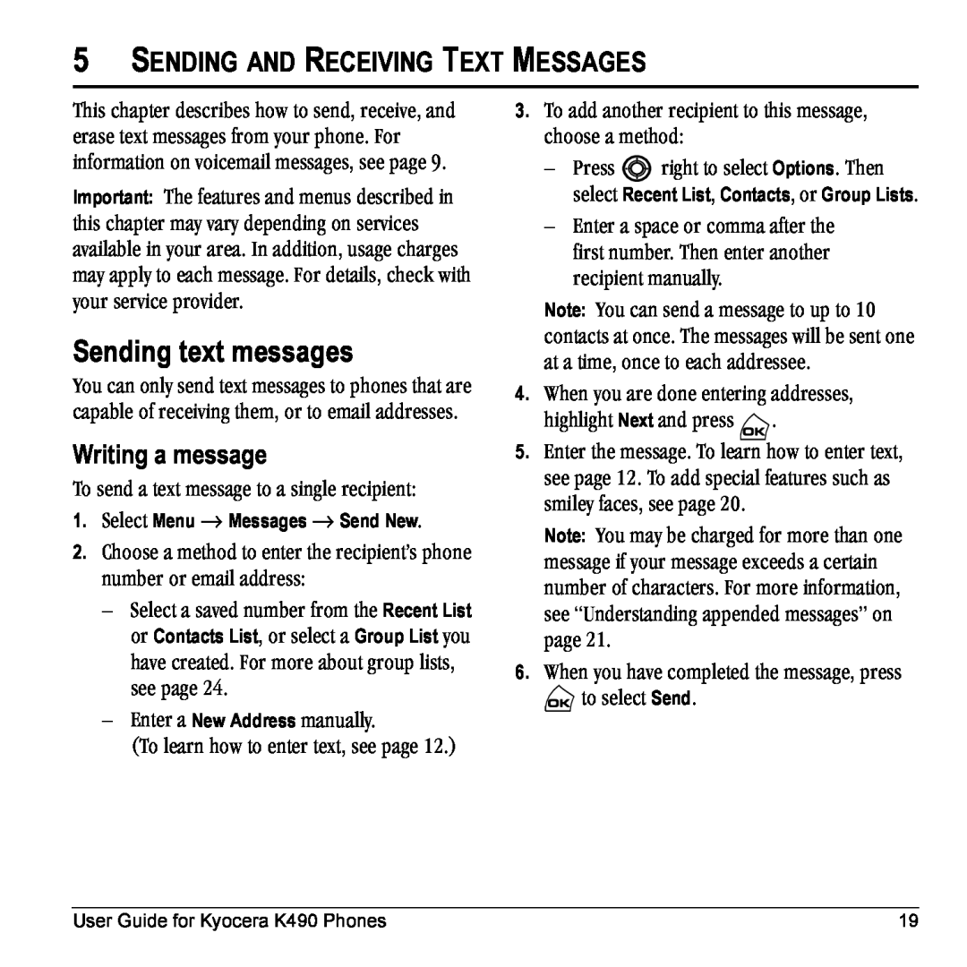 Kyocera Phone Sending text messages, Sending And Receiving Text Messages, Writing a message, åìãÄÉê=çê=Éã~áä=~ÇÇêÉëëW 