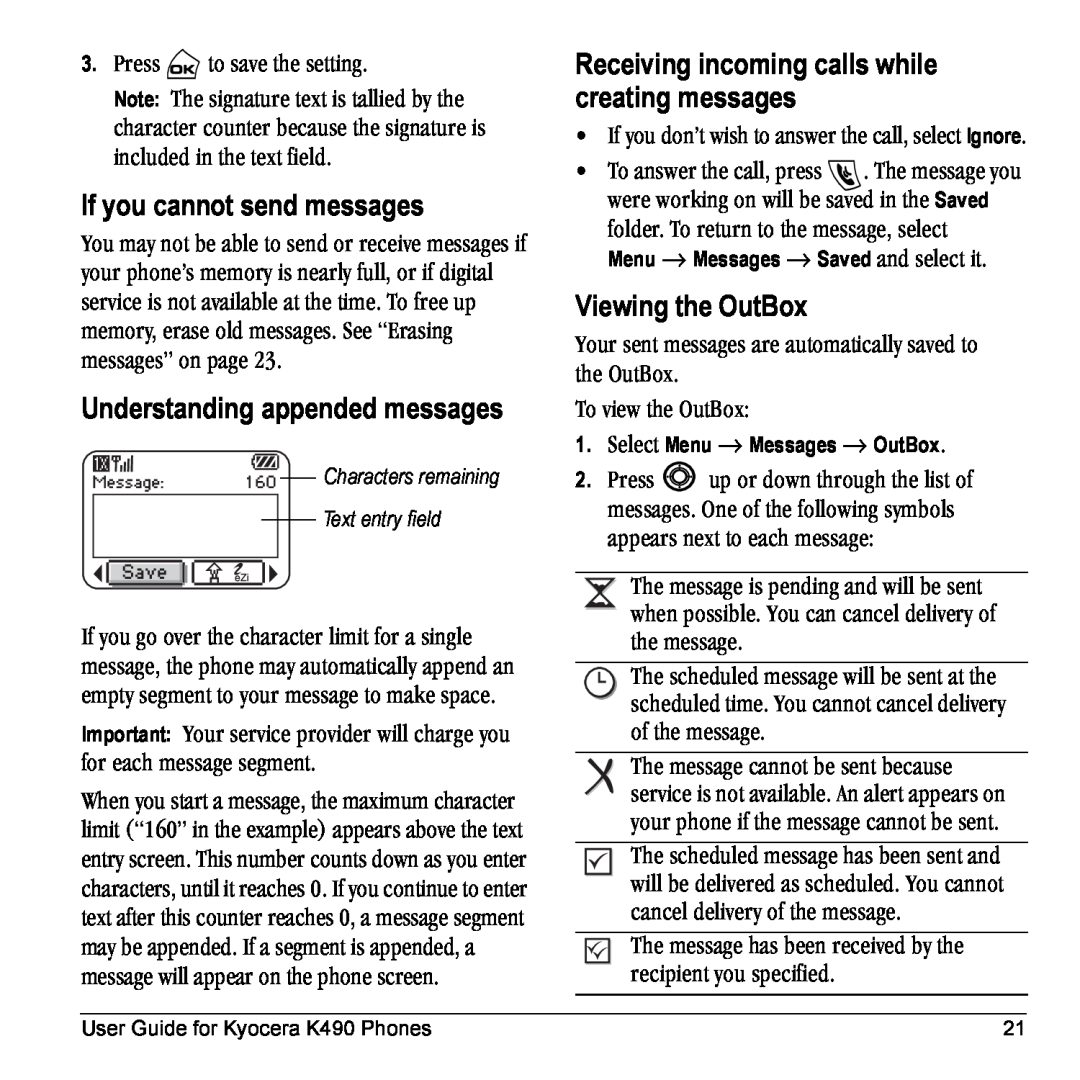 Kyocera Phone manual If you cannot send messages, Understanding appended messages, Viewing the OutBox, qç=îáÉï=íÜÉ=lìíçñW 