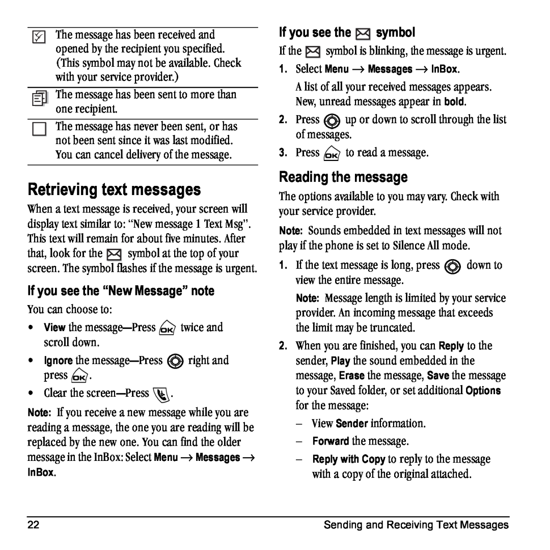 Kyocera Phone Retrieving text messages, Reading the message, If you see the “New Message” note, If you see the =symbol 