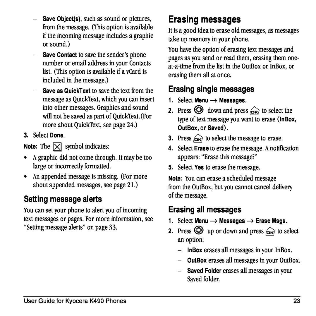 Kyocera Phone manual Erasing messages, Setting message alerts, Erasing single messages, Erasing all messages 