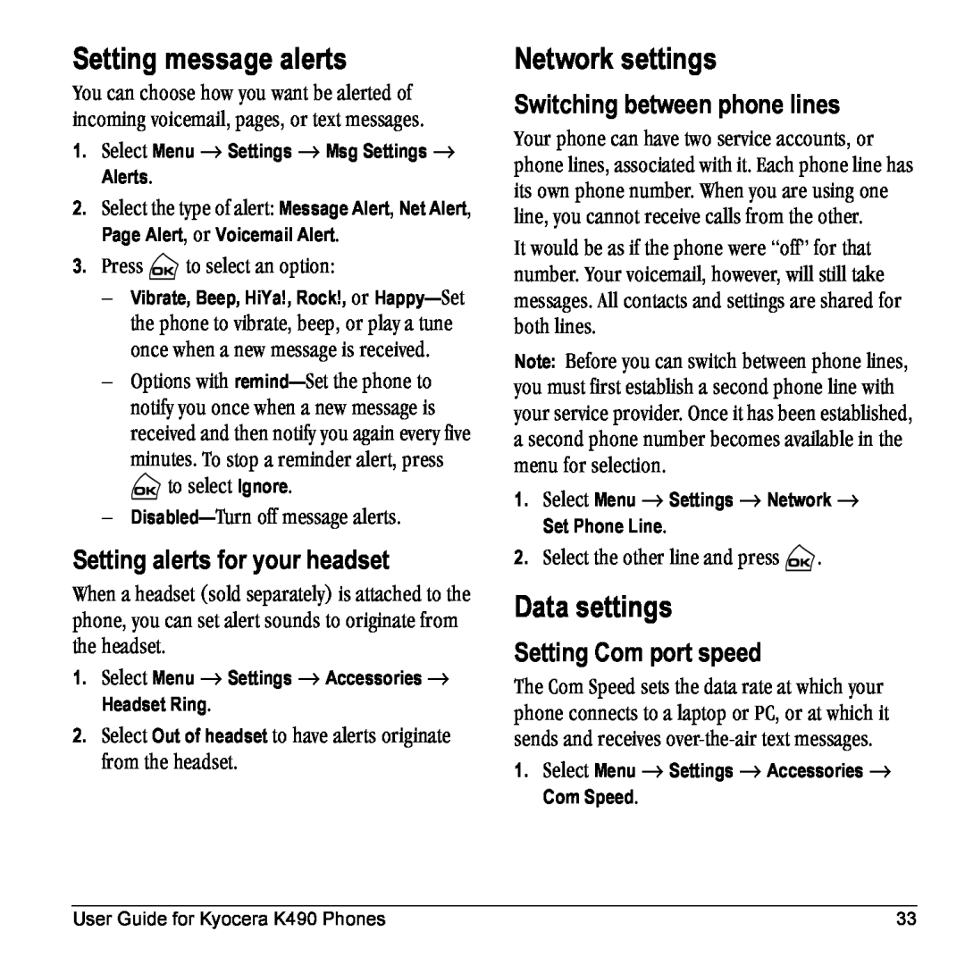 Kyocera Phone manual Setting message alerts, Network settings, Data settings, Setting alerts for your headset, íÜÉ=ÜÉ~ÇëÉíK 