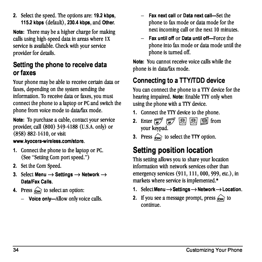 Kyocera Phone manual Setting position location, Setting the phone to receive data or faxes, Connecting to a TTY/TDD device 