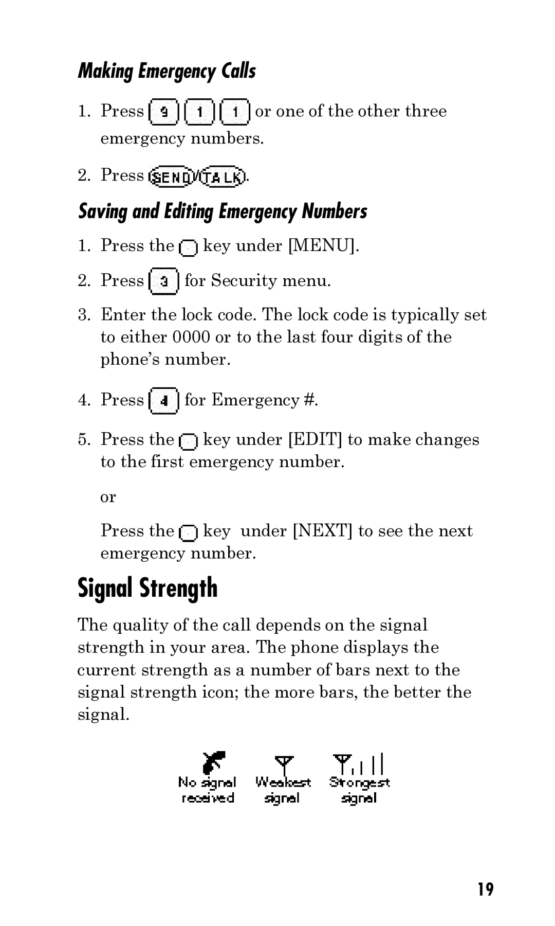 Kyocera Q Phone manual Signal Strength, Making Emergency Calls, Saving and Editing Emergency Numbers 