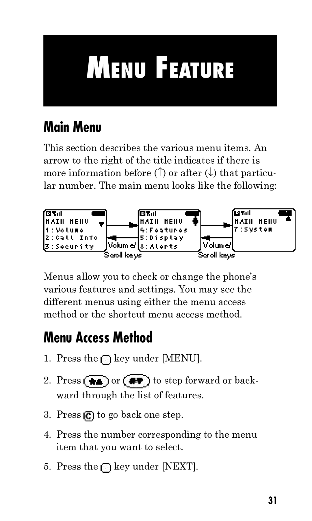 Kyocera Q Phone manual Menu Feature, Main Menu, Menu Access Method 