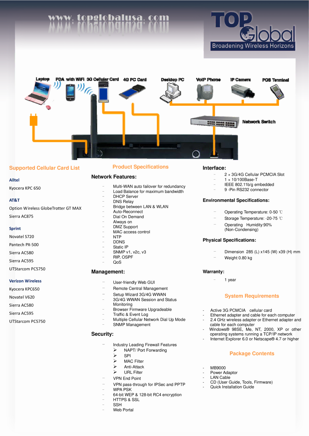 Kyocera RS232 manual Supported Cellular Card List, Product Specifications, System Requirements, Package Contents 