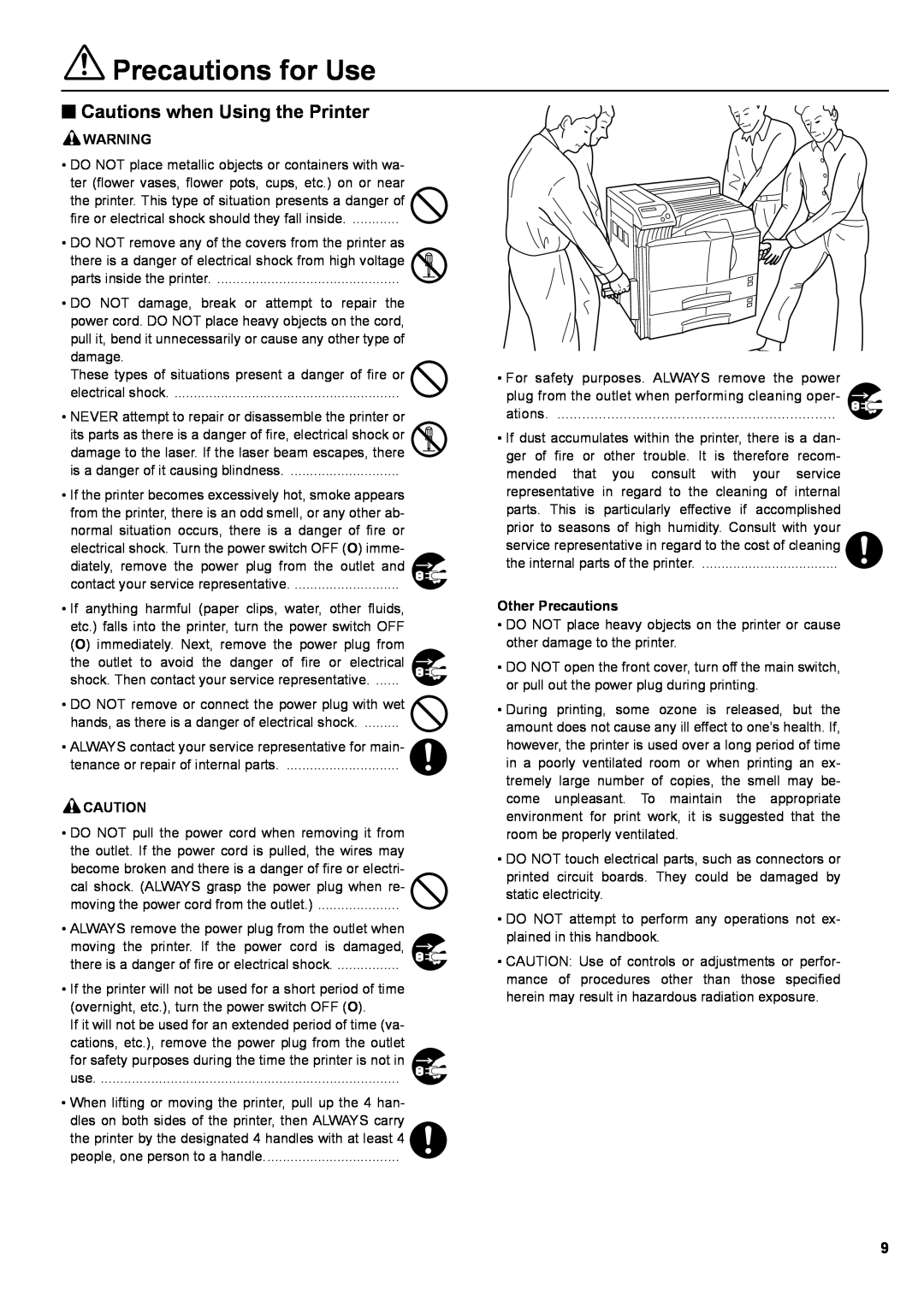 Kyocera S-9100DN manual Precautions for Use, QCautions when Using the Printer, Other Precautions 