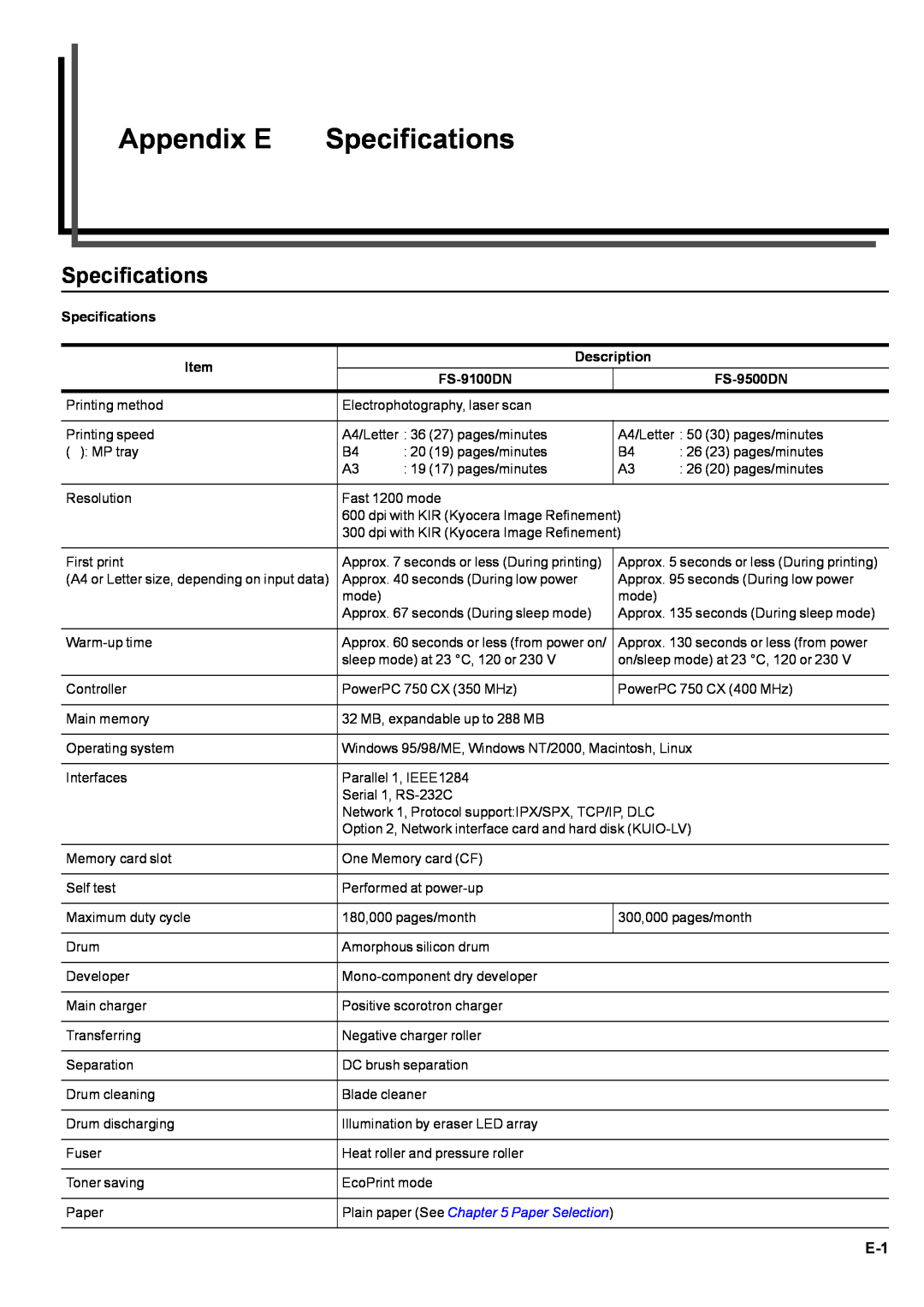 Kyocera manual Appendix E, Specifications, Item, Description, FS-9100DN, FS-9500DN 