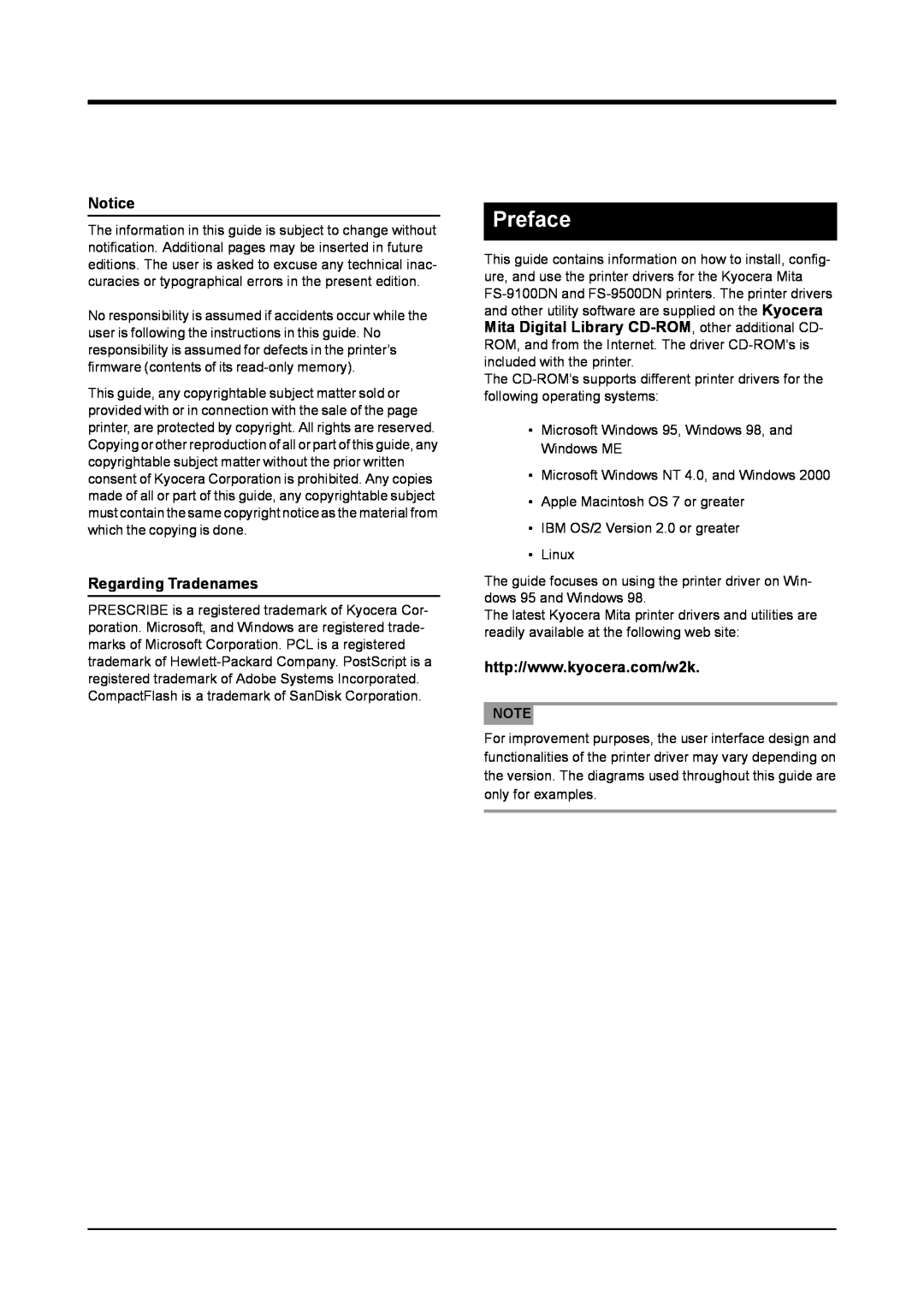 Kyocera S-9100DN manual Preface, Notice, Regarding Tradenames 