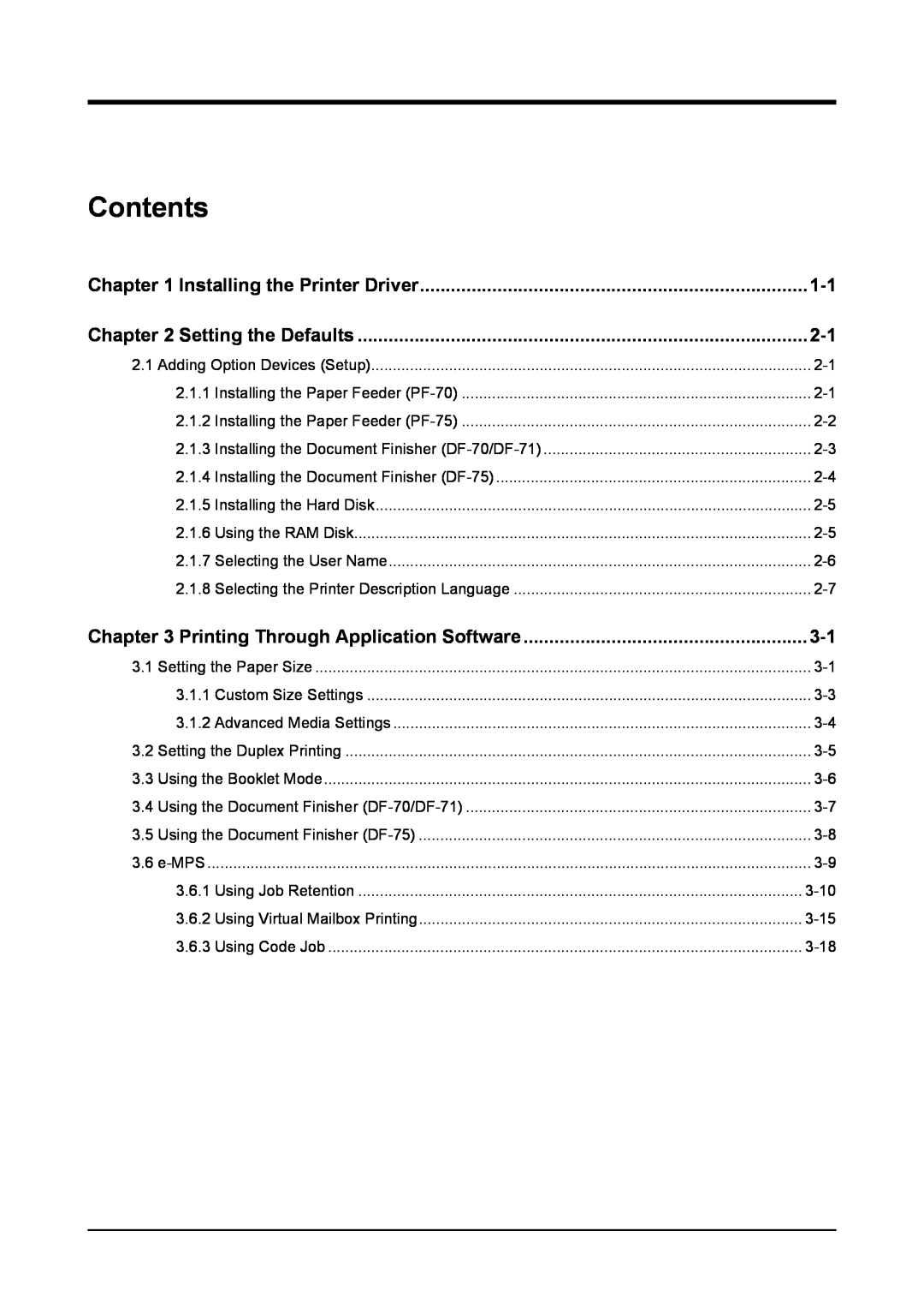 Kyocera S-9100DN Contents, Installing the Printer Driver, Setting the Defaults, Printing Through Application Software 