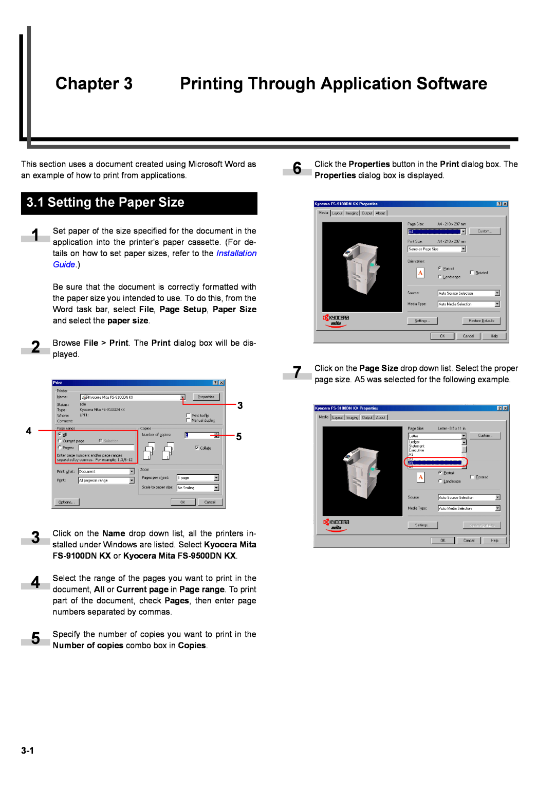Kyocera S-9100DN manual Printing Through Application Software, Setting the Paper Size, Guide 