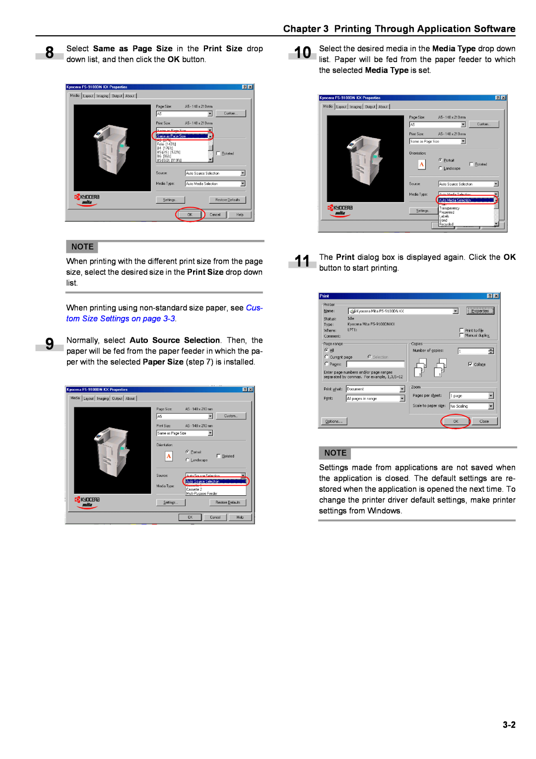 Kyocera S-9100DN manual Printing Through Application Software, Select Same as Page Size in the Print Size drop 