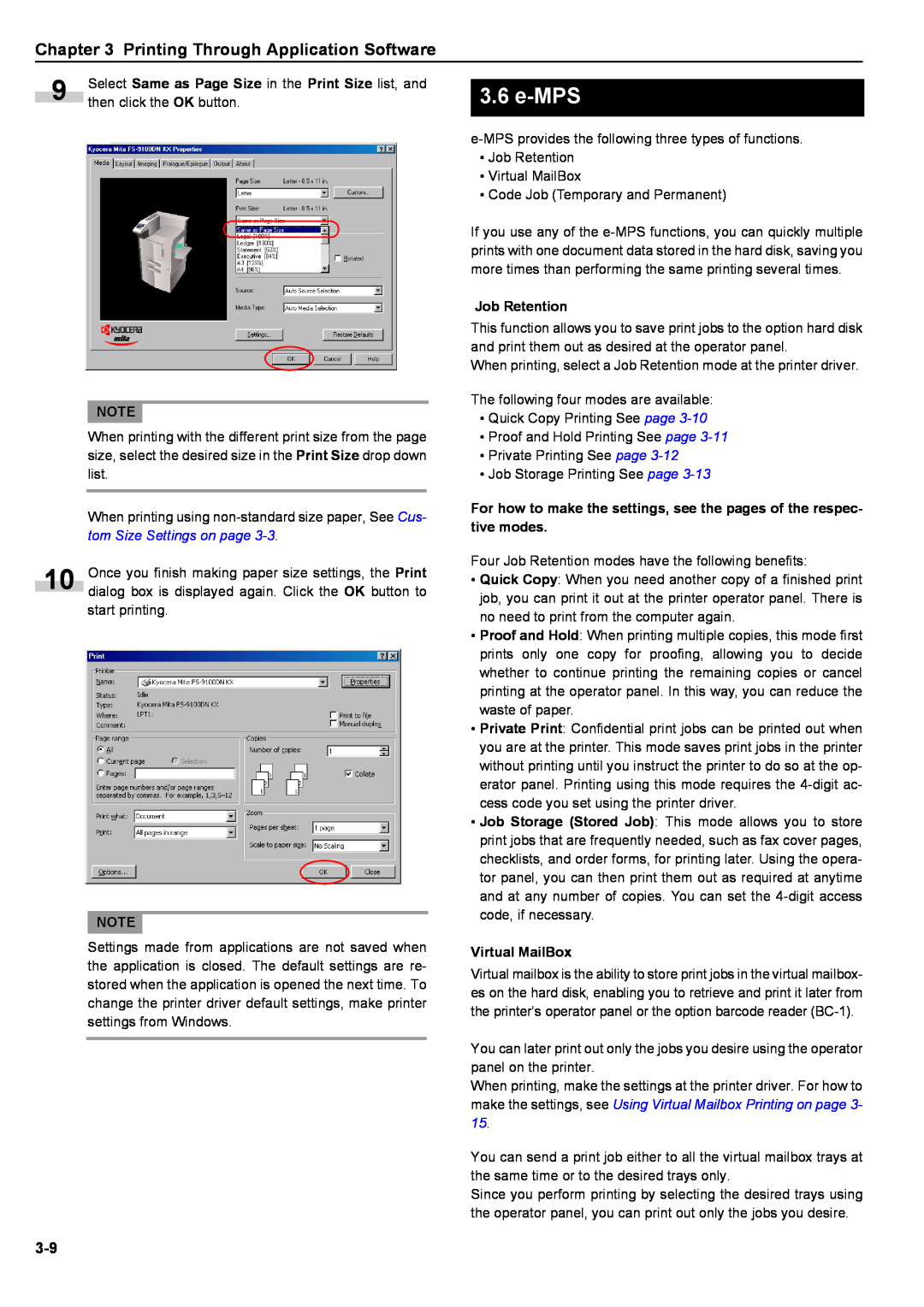 Kyocera S-9100DN manual e-MPS, Printing Through Application Software, Job Retention, Virtual MailBox 
