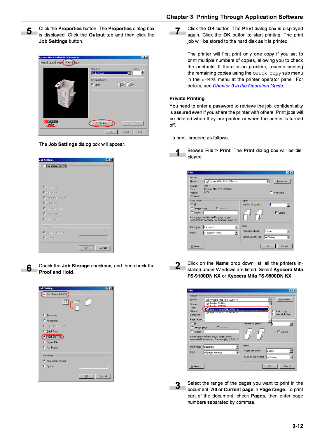 Kyocera S-9100DN manual Printing Through Application Software, 3-12, Job Settings button, Proof and Hold, Private Printing 