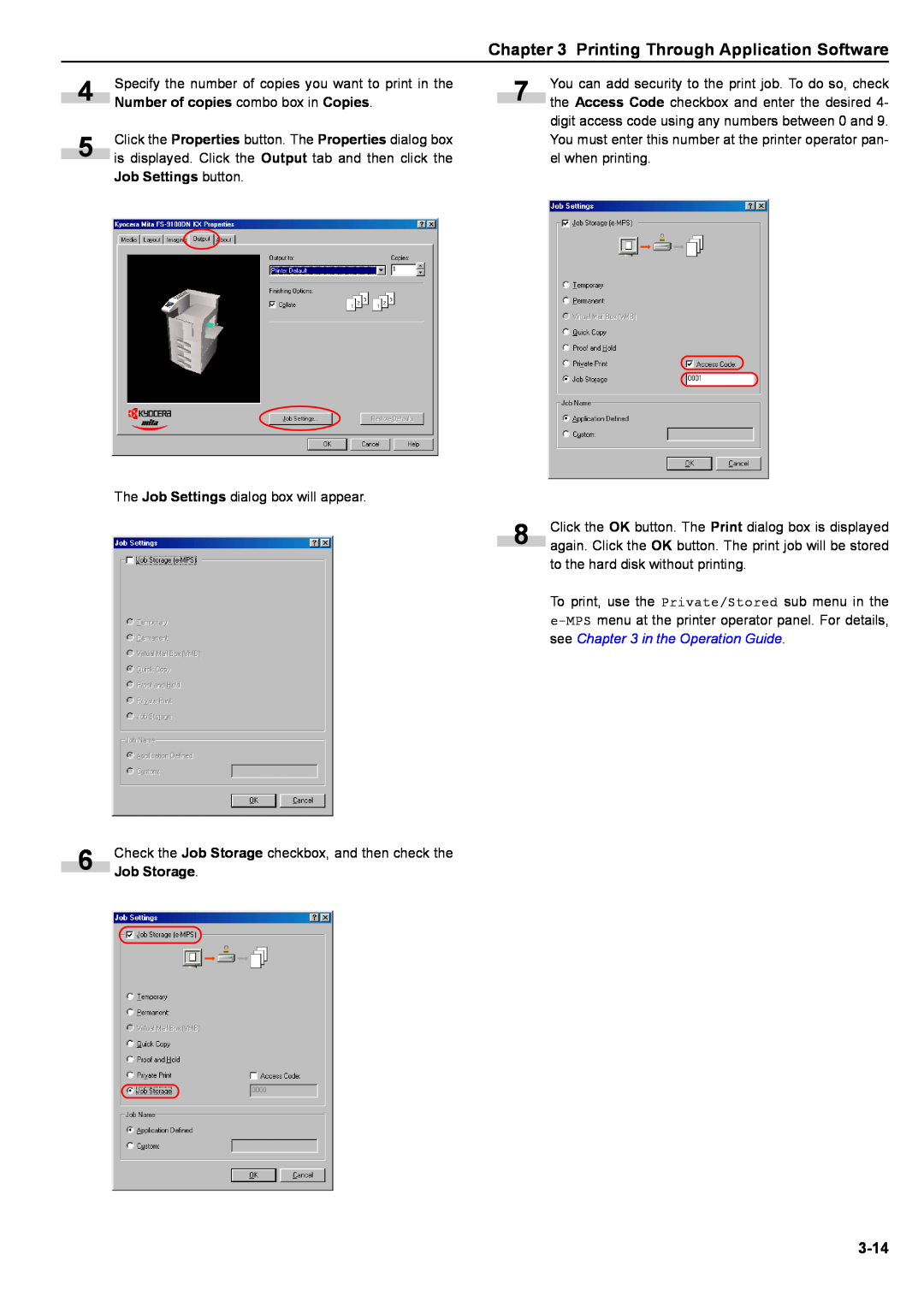 Kyocera S-9100DN Printing Through Application Software, 3-14, Number of copies combo box in Copies, Job Settings button 