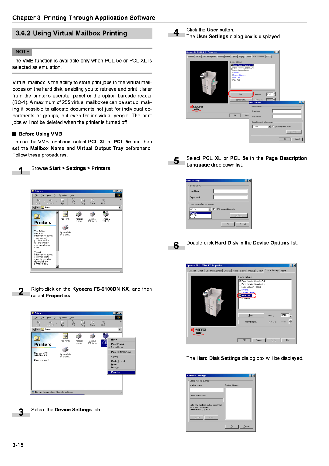 Kyocera S-9100DN manual Printing Through Application Software, 3-15, 3Before Using VMB, Browse Start > Settings > Printers 