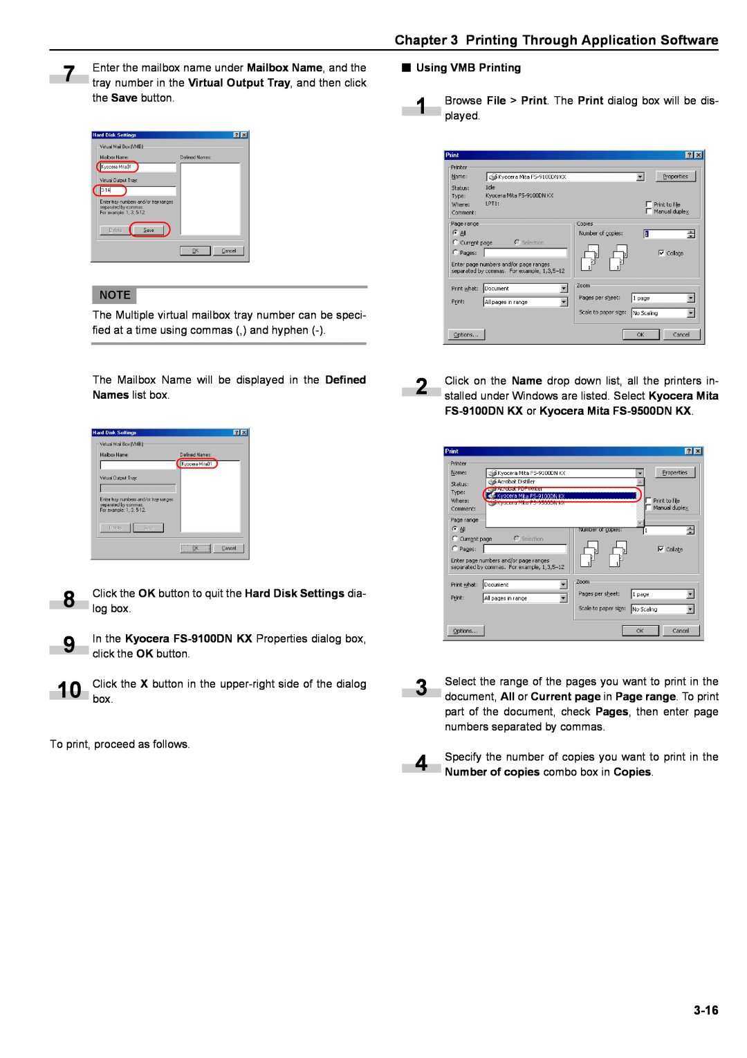 Kyocera manual Printing Through Application Software, 3-16, 3Using VMB Printing, FS-9100DNKX or Kyocera Mita FS-9500DNKX 