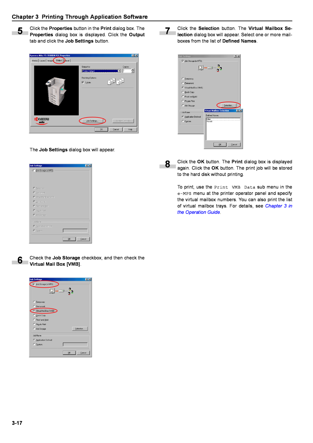 Kyocera S-9100DN manual Printing Through Application Software, 3-17, Virtual Mail Box VMB 