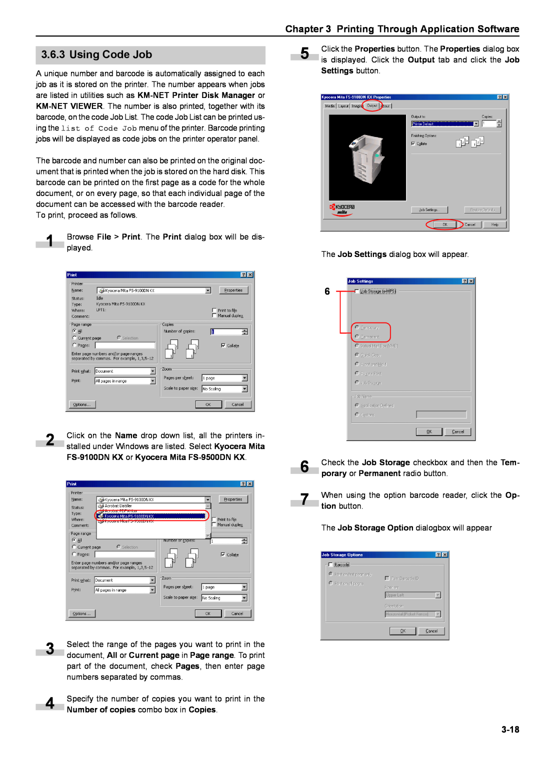 Kyocera manual Printing Through Application Software, 3-18, Settings button, FS-9100DNKX or Kyocera Mita FS-9500DNKX 