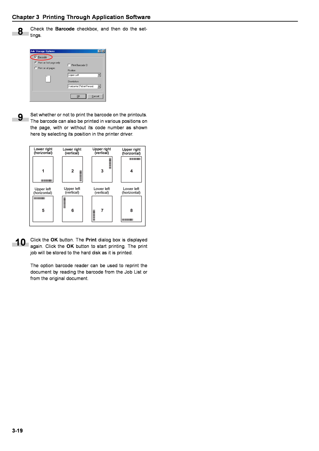 Kyocera S-9100DN manual Printing Through Application Software, 3-19, horizontal, vertical, Upper left, Lower left 