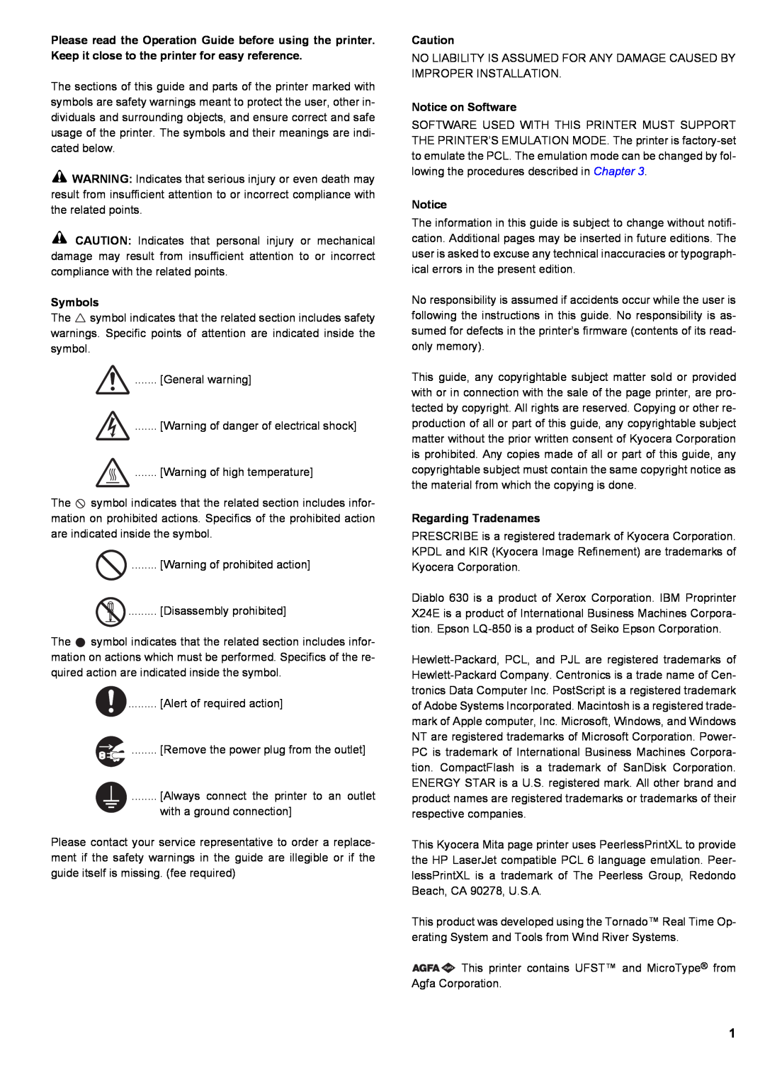 Kyocera S-9100DN manual Symbols, Notice on Software, Regarding Tradenames 