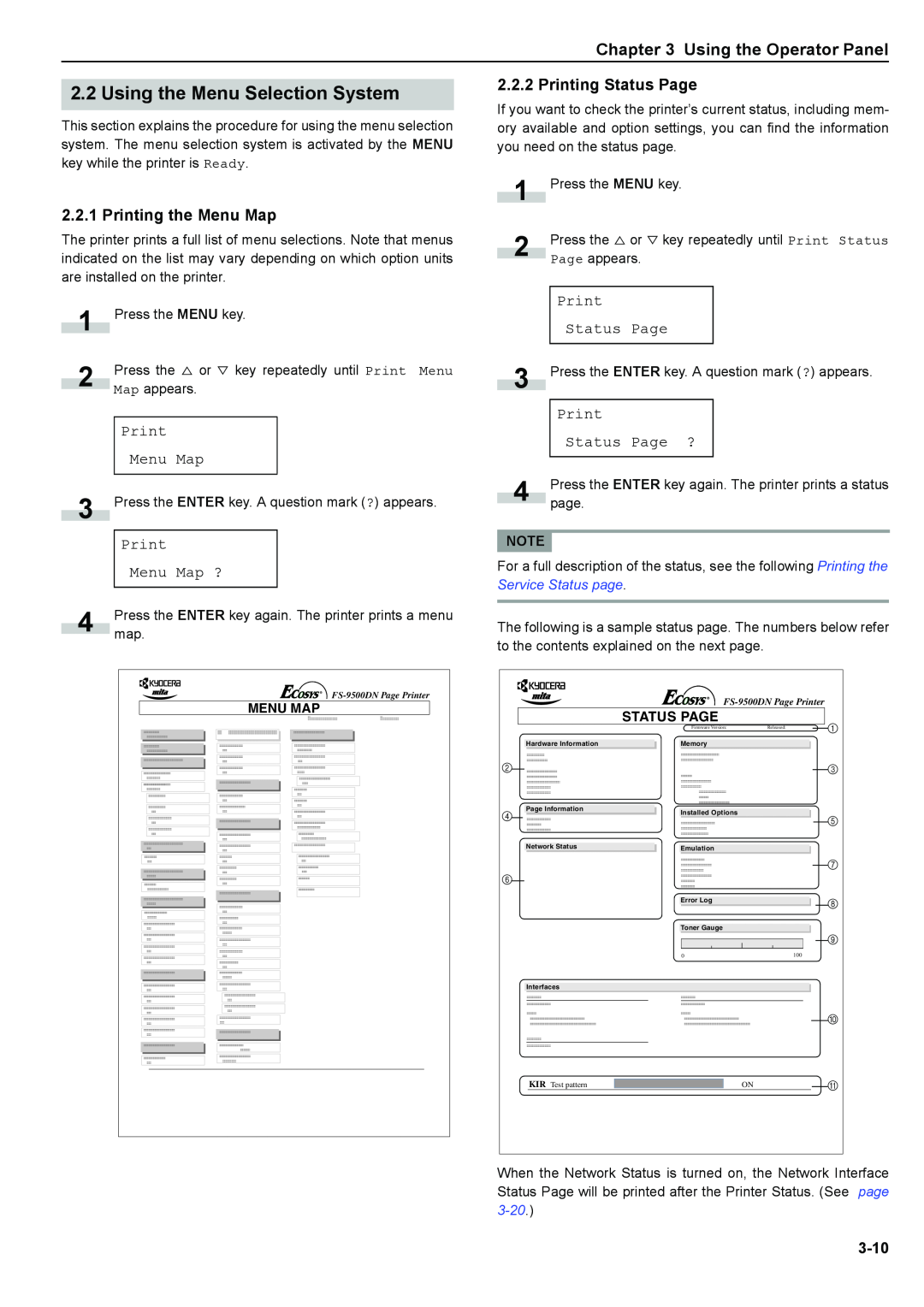Kyocera S-9100DN manual Using the Operator Panel, Printing the Menu Map, Printing Status Page, 3-10 