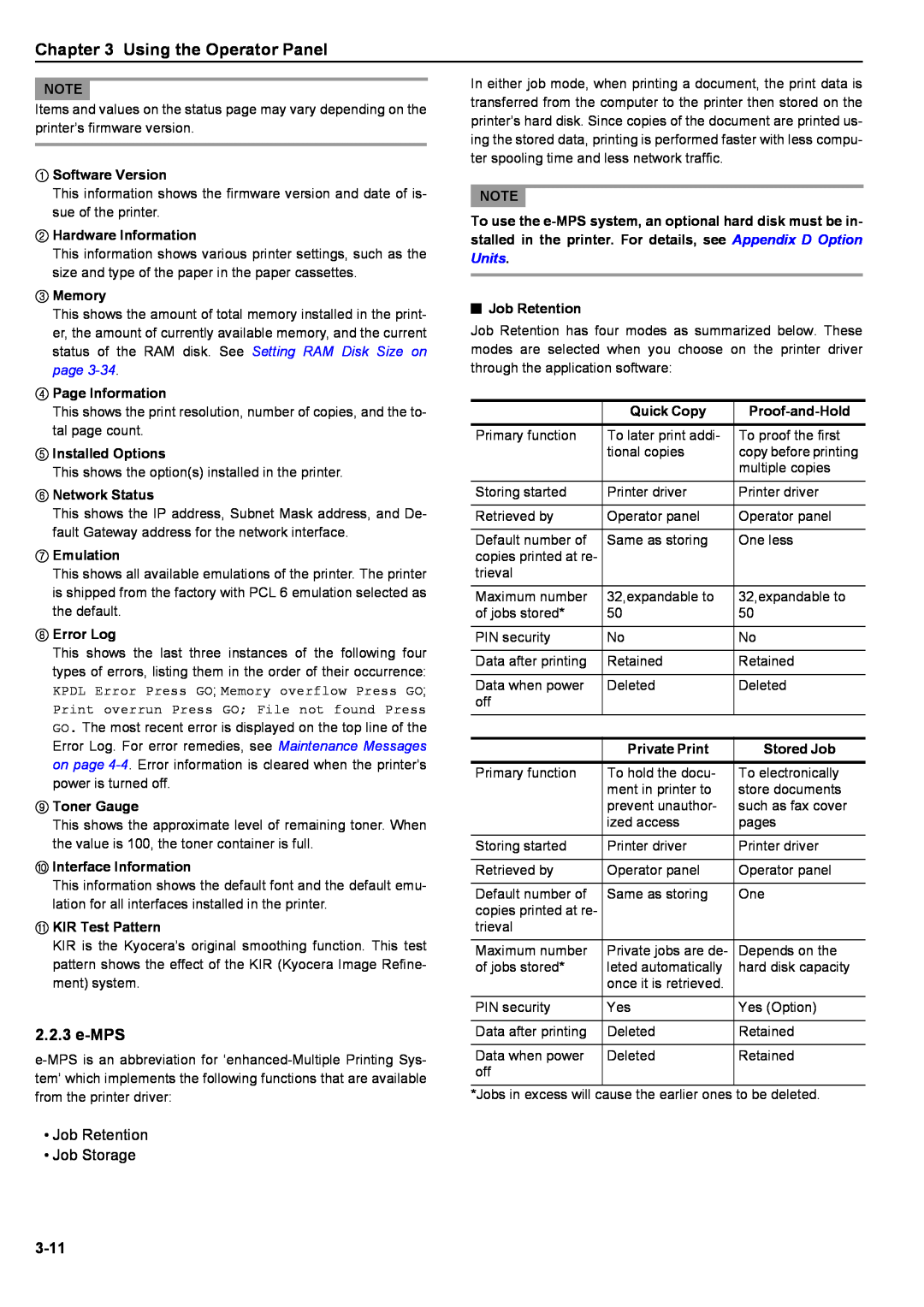 Kyocera S-9100DN Using the Operator Panel, e-MPS, 3-11, 1Software Version, 2Hardware Information, 3Memory, 6Network Status 