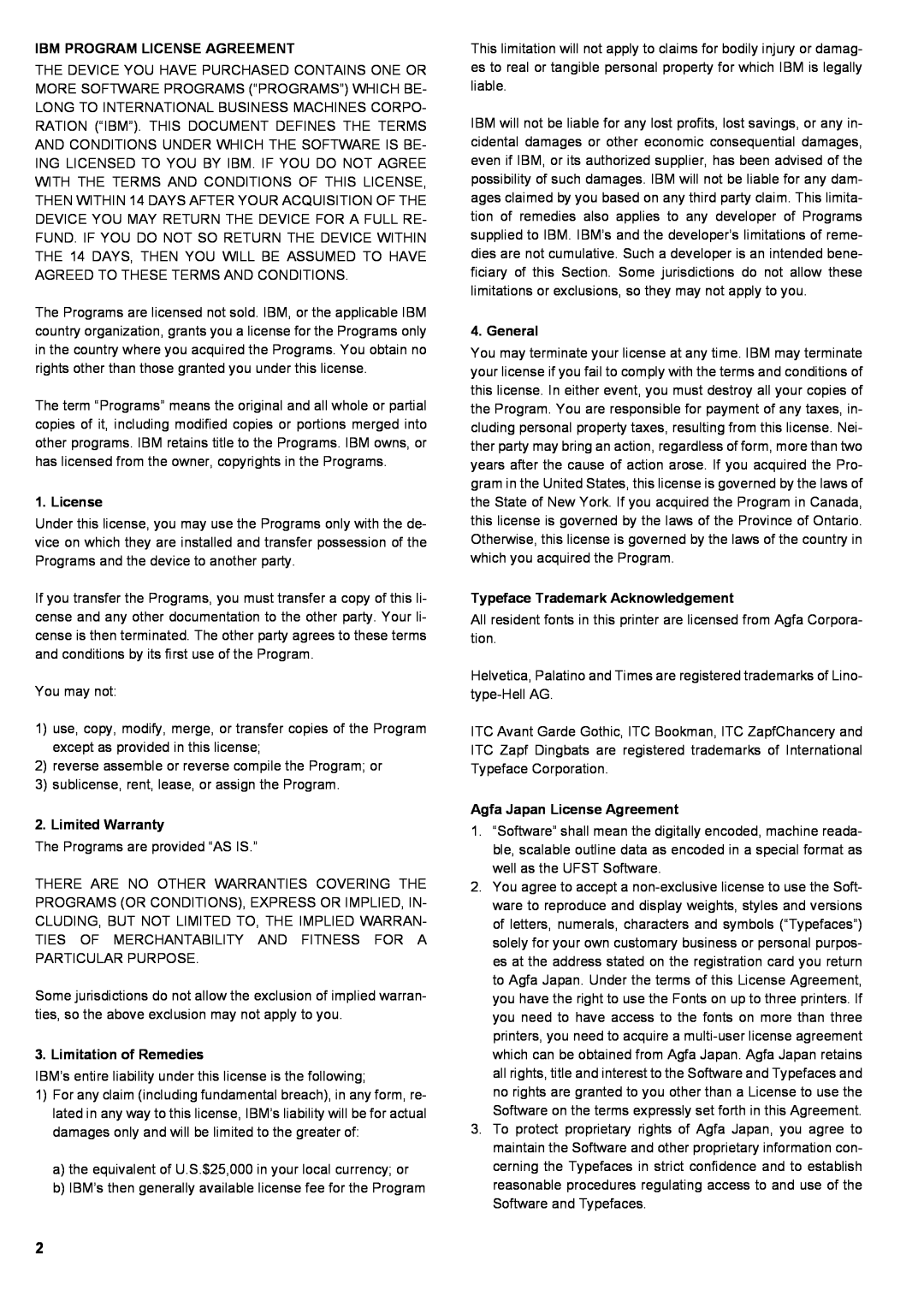 Kyocera S-9100DN manual Ibm Program License Agreement, Limited Warranty, Limitation of Remedies, General 