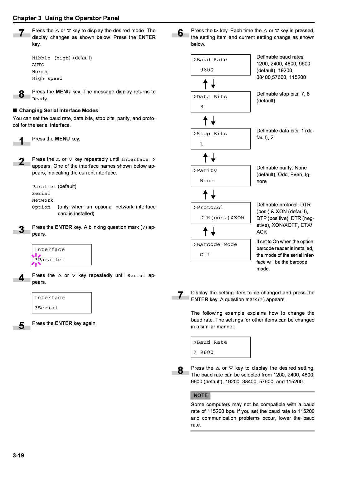 Kyocera S-9100DN Using the Operator Panel, Interface, ?Parallel, >Baud Rate >Data Bits >Stop Bits >Parity None, ?Serial 