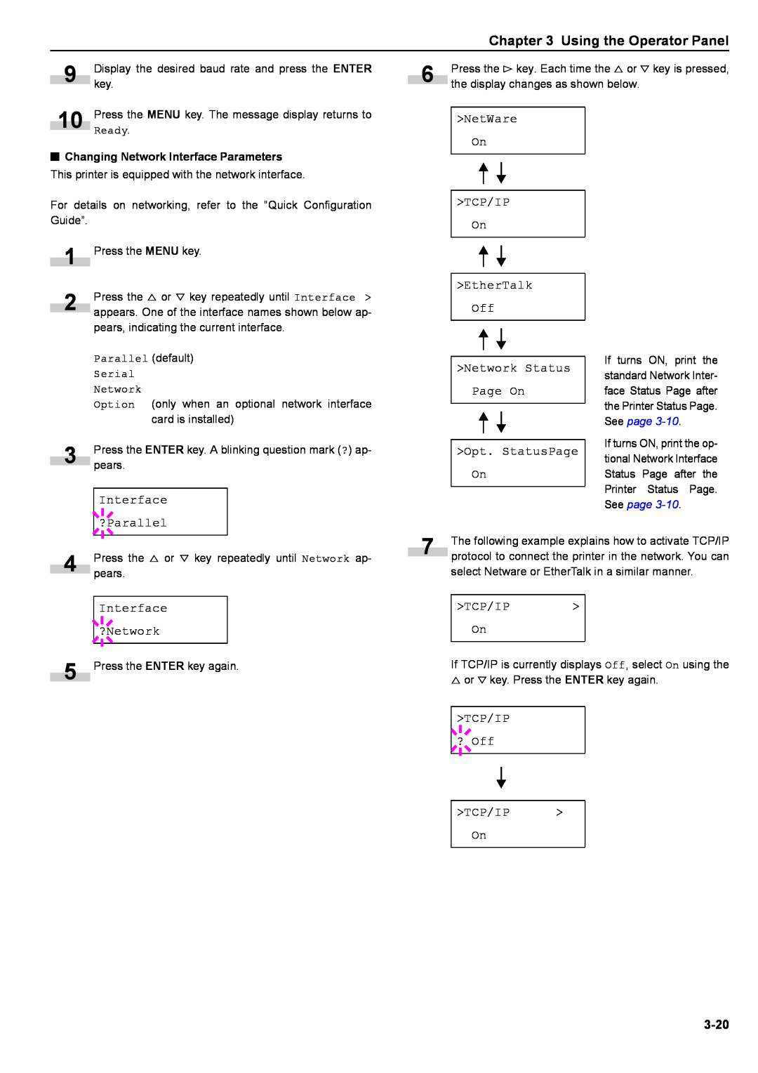 Kyocera S-9100DN manual Using the Operator Panel, Interface, 3-20 