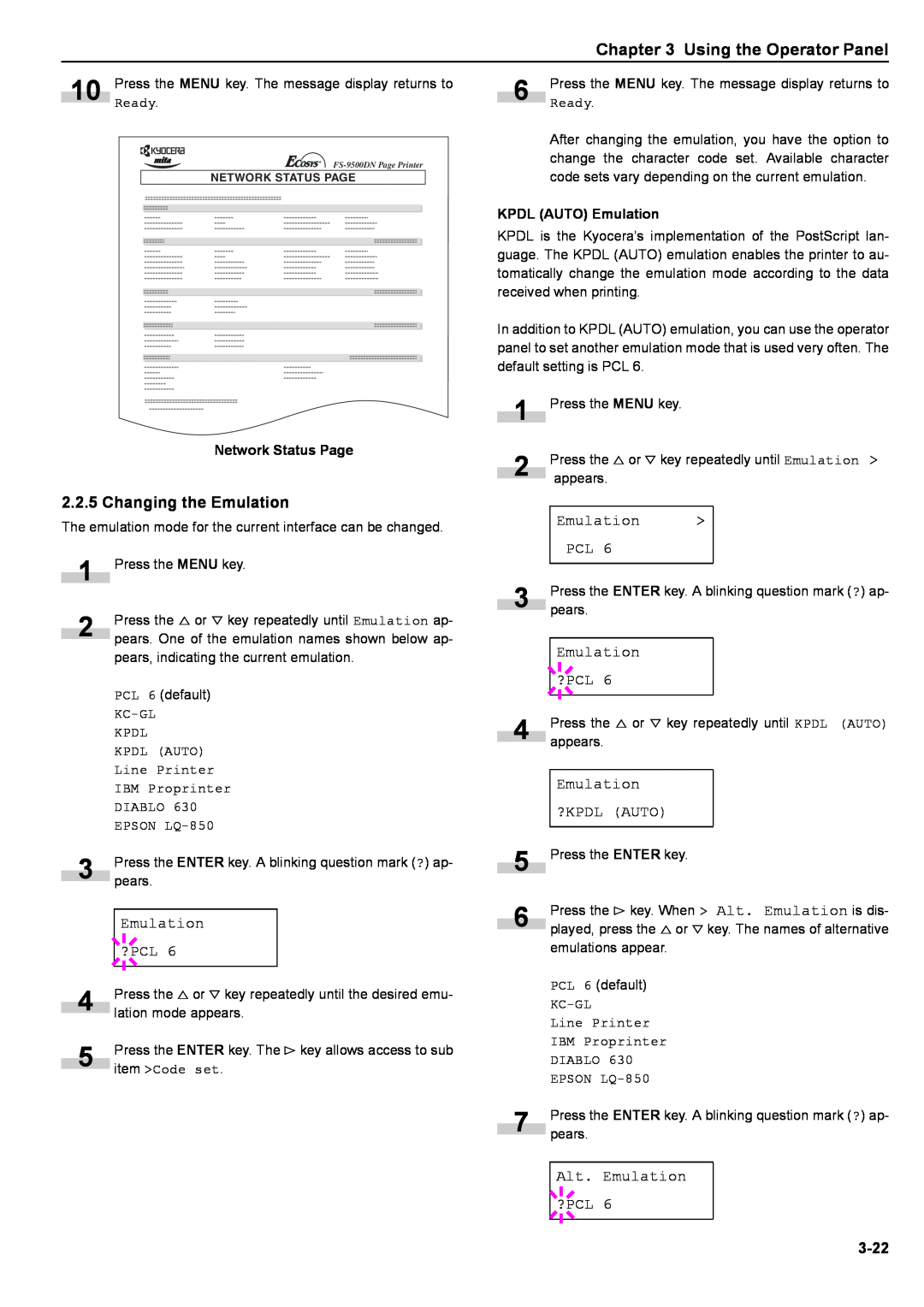 Kyocera S-9100DN manual Using the Operator Panel, Emulation, 3-22 