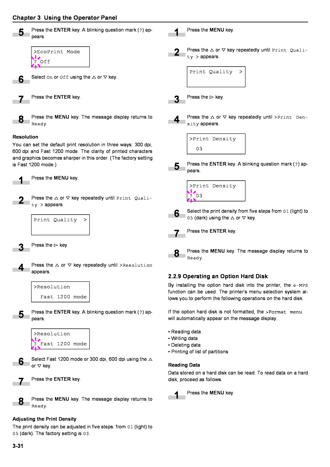 Kyocera S-9100DN manual Using the Operator Panel, Operating an Option Hard Disk, 3-31 