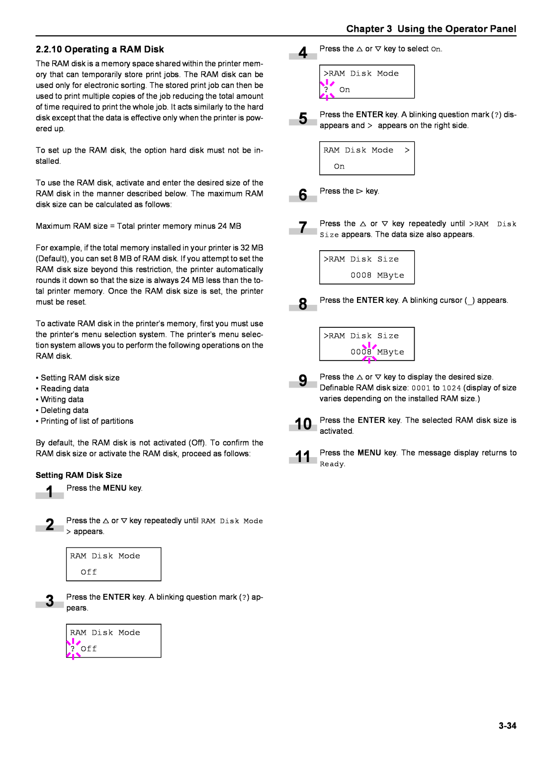 Kyocera S-9100DN manual Using the Operator Panel, Operating a RAM Disk, 3-34 