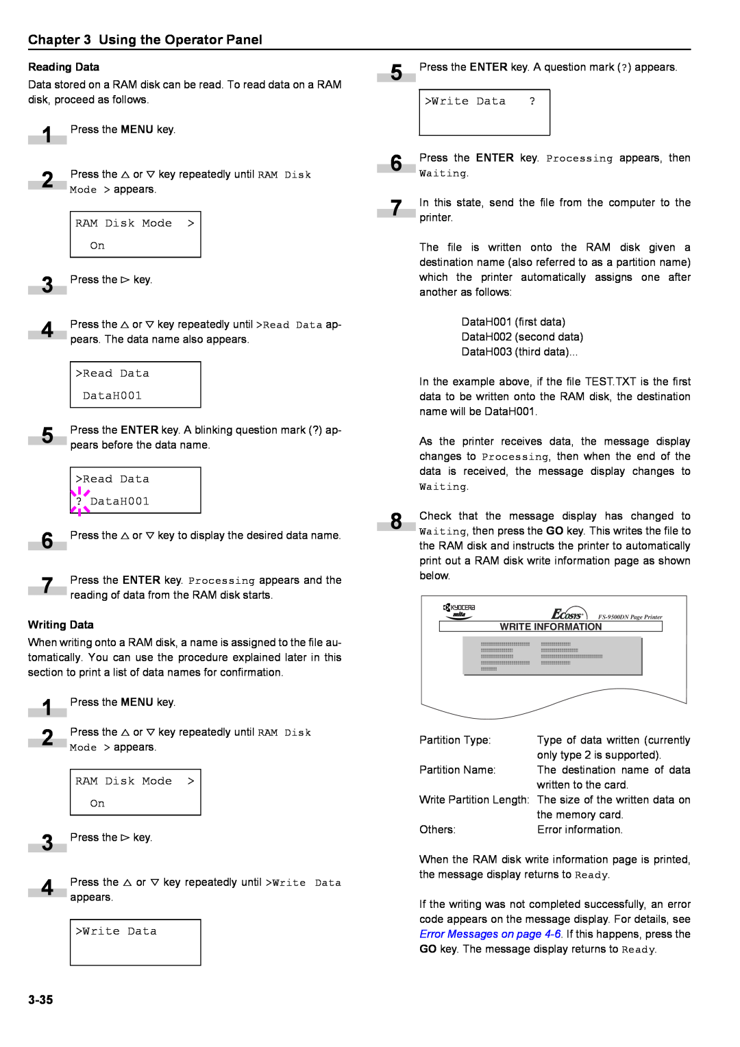 Kyocera S-9100DN manual >Read Data, ? DataH001, RAM Disk Mode >, >Write Data, 3-35, Writing Data 