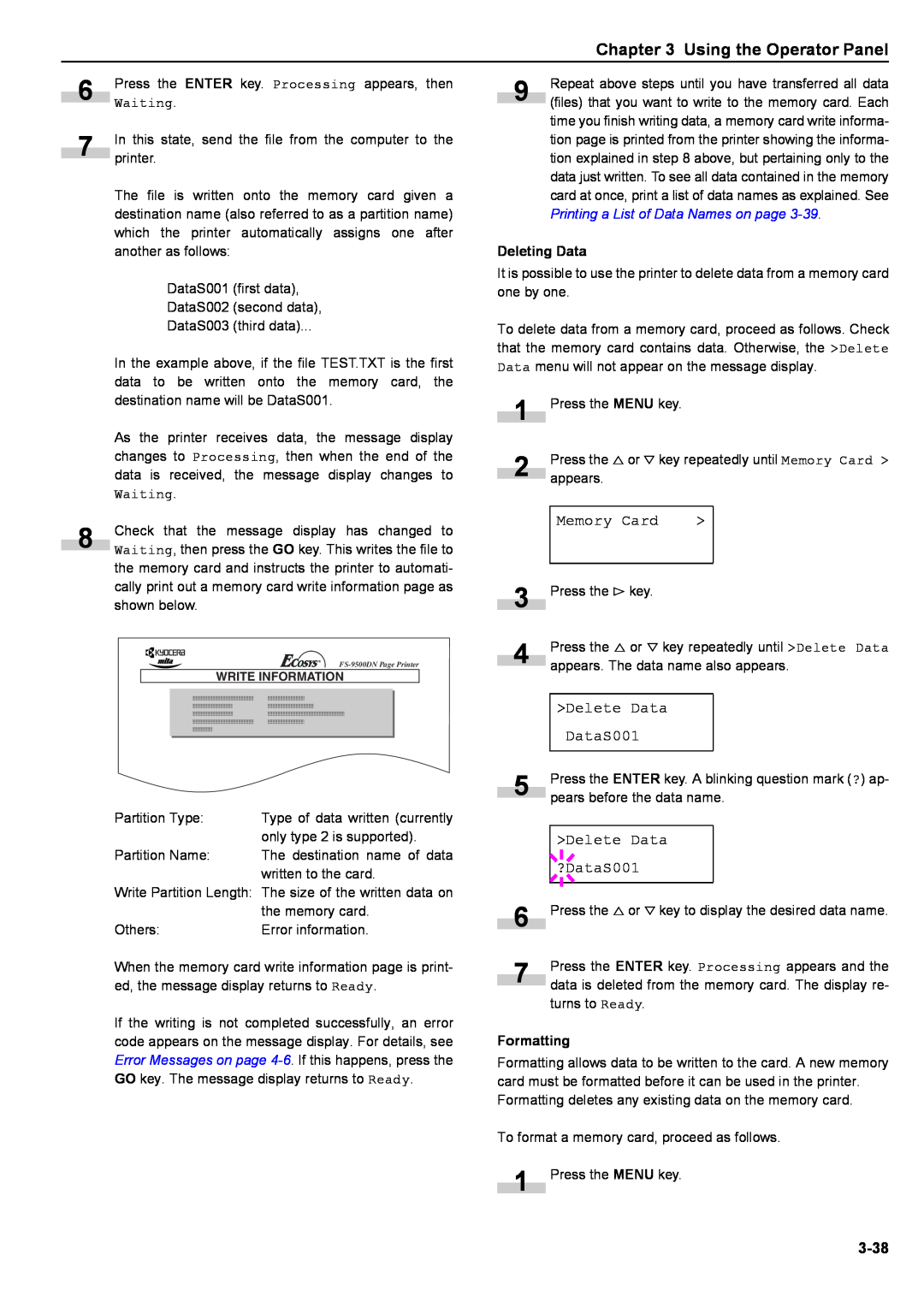 Kyocera S-9100DN manual Memory Card, >Delete Data, ?DataS001, Deleting Data, Formatting 