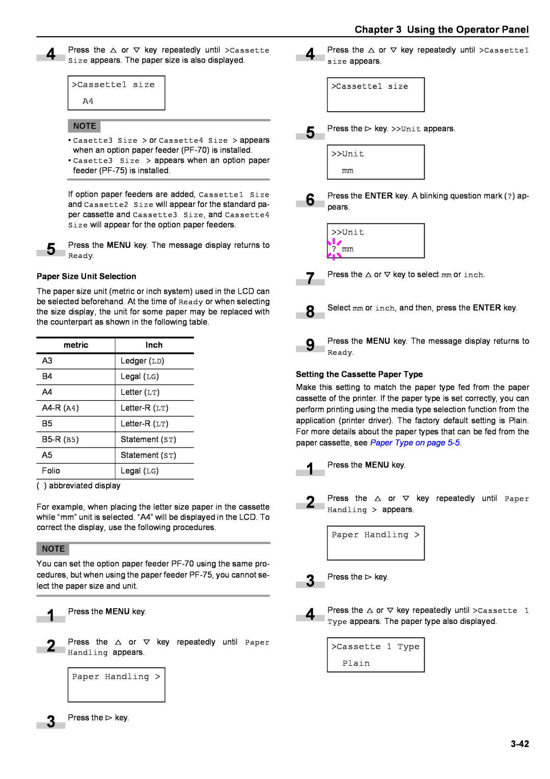 Kyocera S-9100DN manual >Cassette1 size, Paper Handling >, >>Unit, ? mm, Paper Size Unit Selection, metric, Inch 