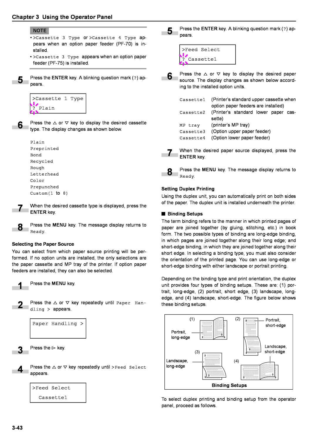 Kyocera S-9100DN manual >Cassette 1 Type, ? Plain, >Feed Select, ? Cassette1, Paper Handling >, ENTER key, QBinding Setups 