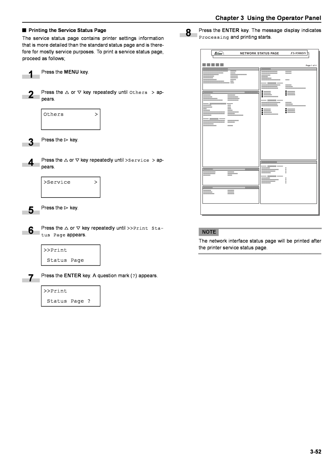 Kyocera S-9100DN manual Using the Operator Panel, Others >, >Service >, >>Print Status Page ?, 3-52 