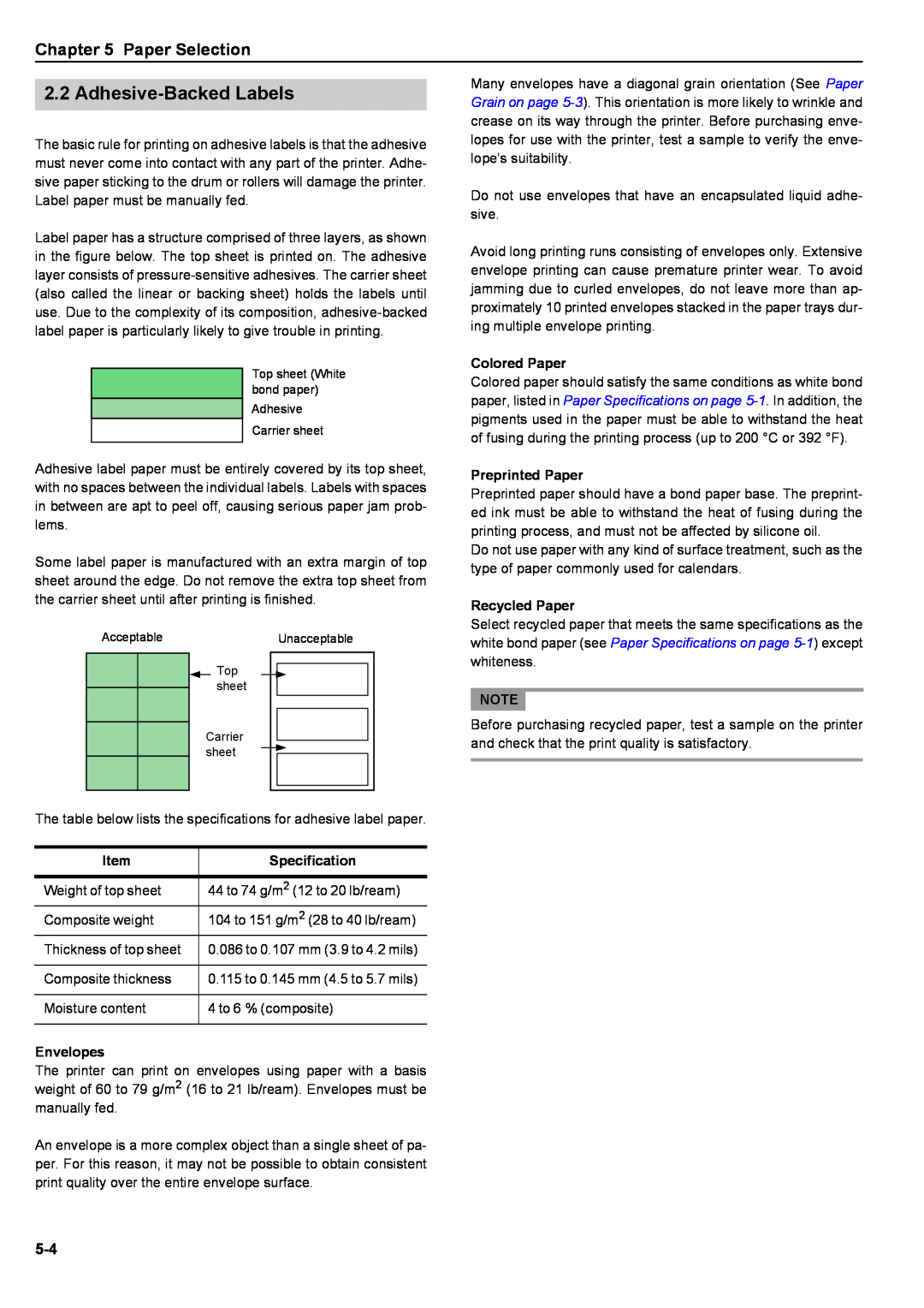 Kyocera S-9100DN manual Paper Selection, Item, Specification, Envelopes, Colored Paper, Preprinted Paper, Recycled Paper 