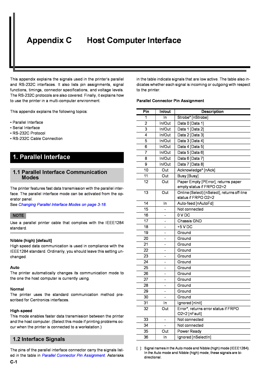 Kyocera S-9100DN manual Appendix C Host Computer Interface, See Changing Parallel Interface Modes on page, Auto, Normal 