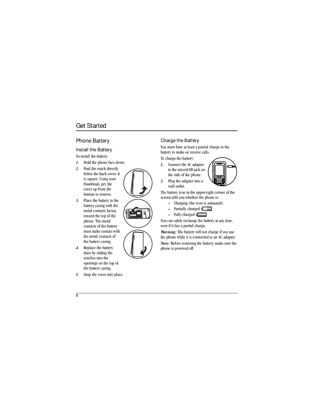 Kyocera S1300 manual Get Started, Phone Battery, Install the Battery, Charge the Battery 